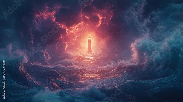 Fototapeta A mystical lighthouse stands tall amidst fierce waves. Emotions run high as the storm rages. Light pierces through dark clouds. Embrace the power of nature. Generative AI