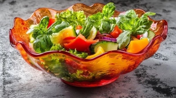 Fototapeta A vibrant salad bursting with fresh vegetables. The colorful mix includes leafy greens and ripe peppers. Perfect for health enthusiasts and food lovers. Generative AI