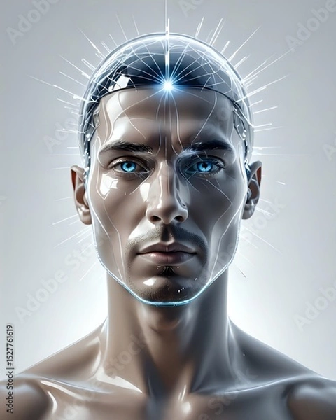 Obraz A Transparent Glass Human Head with light Beams Emerging from Within, against a Clean White Background. Concept of Insight, Understanding, enlightenment