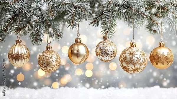 Fototapeta Golden Christmas baubles hanging on snowy fir tree branch with festive lights and winter background
