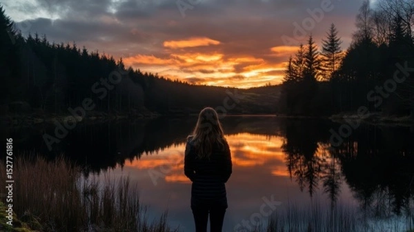 Fototapeta A tranquil landscape at sunset reflects calm waters. A silhouette of a person stands lost in thought. Nature inspires peace and mindfulness. Generative AI