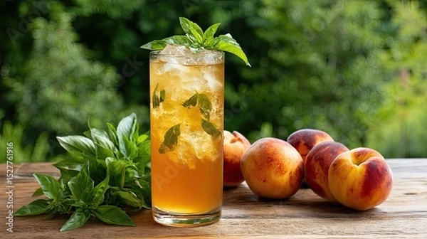 Fototapeta Iced peach tea with mint leaves served in tall glass on wooden table with fresh peaches in background