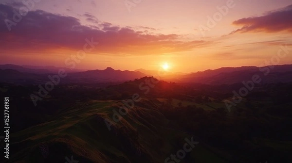 Fototapeta Stunning sunset view over rolling hills. A breathtaking landscape capturing the beauty of nature at dusk. Experience tranquility and wonder. Generative AI