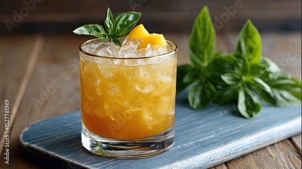 Fototapeta Refreshing mango cocktail with crushed ice and basil garnish served on wooden tray in summer setting