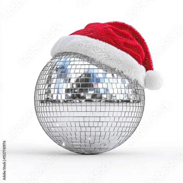 Fototapeta Shiny disco mirror ball wearing Santa hat isolated on white background for Christmas party concept