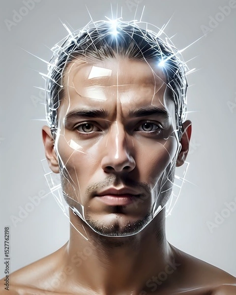 Obraz A Transparent Glass Human Head with light Beams Emerging from Within, against a Clean White Background. Concept of Insight, Understanding, enlightenment