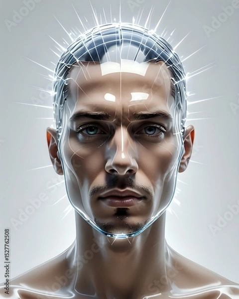Obraz A Transparent Glass Human Head with light Beams Emerging from Within, against a Clean White Background. Concept of Insight, Understanding, enlightenment