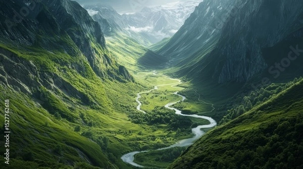Fototapeta A breathtaking landscape of lush green valleys and flowing rivers. Majestic mountains surround this captivating view. Nature’s beauty is on full display. Generative AI