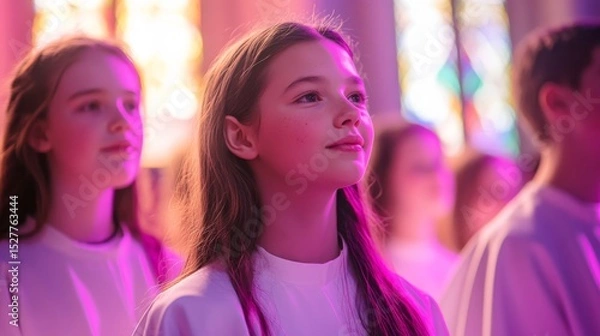 Fototapeta A serene moment captured in a sacred space. Young individuals dressed in white robes stand in admiration. Light filters through stained glass. Generative AI