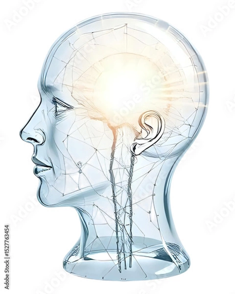 Obraz A Transparent Glass Human Head with light Beams Emerging from Within, against a Clean White Background. Concept of Insight, Understanding, enlightenment