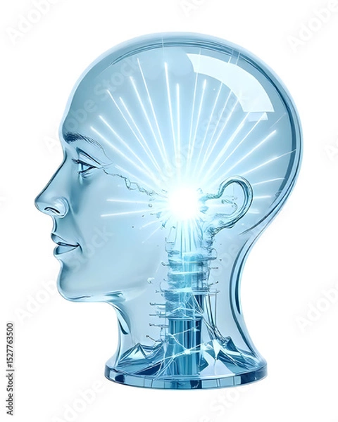 Obraz A Transparent Glass Human Head with light Beams Emerging from Within, against a Clean White Background. Concept of Insight, Understanding, enlightenment