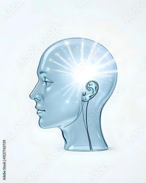 Obraz A Transparent Glass Human Head with light Beams Emerging from Within, against a Clean White Background. Concept of Insight, Understanding, enlightenment