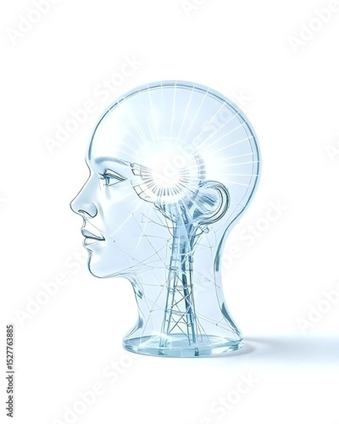 Obraz A Transparent Glass Human Head with light Beams Emerging from Within, against a Clean White Background. Concept of Insight, Understanding, enlightenment