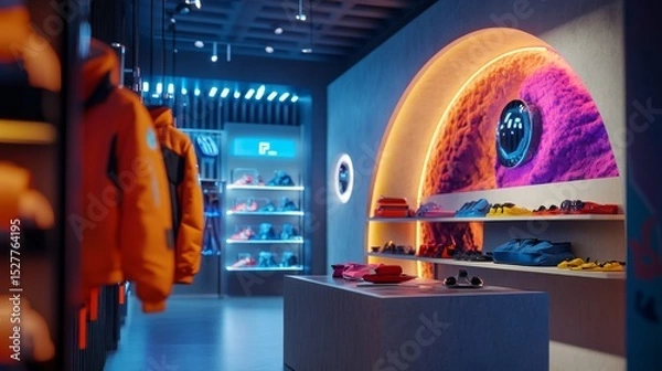 Fototapeta A modern retail store showcasing vibrant fashion apparel. The interior features stunning neon lights. Explore the ambiance of contemporary shopping spaces. Generative AI
