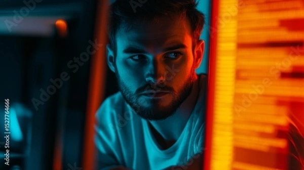 Fototapeta A focused individual stares intently at glowing screens. Mysterious and captivating, the colors create a unique atmosphere. Technology and curiosity merge here. Generative AI