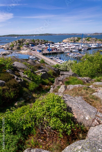Obraz Ships harbour at Saltholmen peninsula on the shore of Alvsborgsfjorden, harbour for archipelago ships, Alvsborg district, Gothenburg, Sweden, sunny day