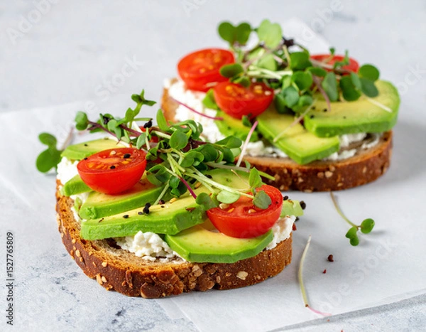 Fototapeta A slice of whole grain bread is topped with creamy cottage cheese, fresh avocado slices, juicy cherry tomatoes, and vibrant microgreens, creating a colorful and nutritious open-faced sandwich.