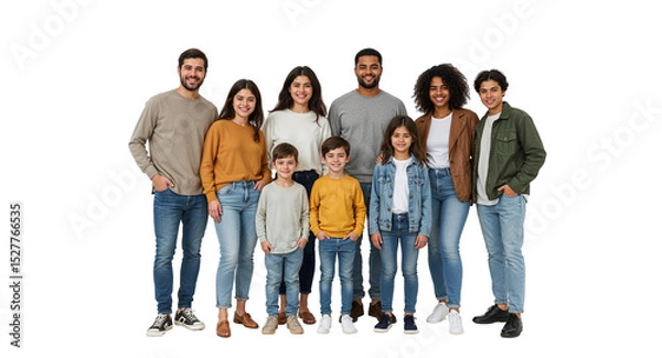 Fototapeta A diverse family of seven posing together wearing casual clothing against a black background smiling happily on transparent background