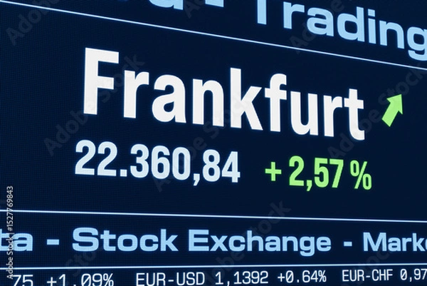 Fototapeta Frankfurt stock index moving up. Rising German share prices, bull market, growth, investment, business, profit, stock market data. 3D illustration