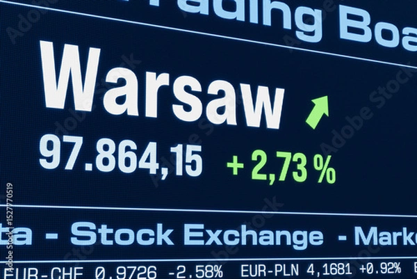 Fototapeta Warsaw stock index moving up. Rising Polish share prices, bull market, growth, investment, business, profit, stock market data. 3D illustration