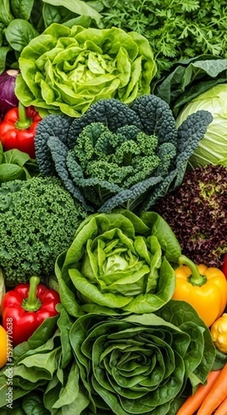 Fototapeta Abundance of fresh green leafy vegetable at a farmers market. Organic produce displayed for healthy food and vegetarian diet concept.