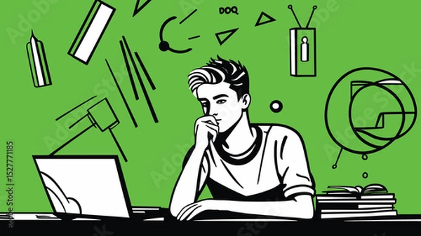 Fototapeta Focused Student Studying at Desk with Laptop and Books Illustration