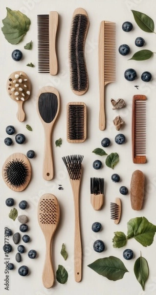Fototapeta A top-down view of various natural hairbrushes and combs, arranged symmetrically on a light background, surrounded by blueberries and leaves