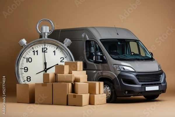 Fototapeta Fast Delivery Service Truck with Packages and Stopwatch Showing Punctual Shipping