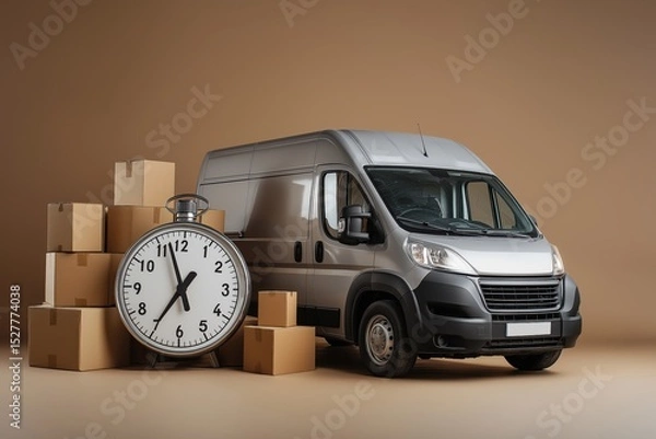 Fototapeta Fast Delivery Service Van with Packages and Clock Showing Punctual Shipping and Transportation