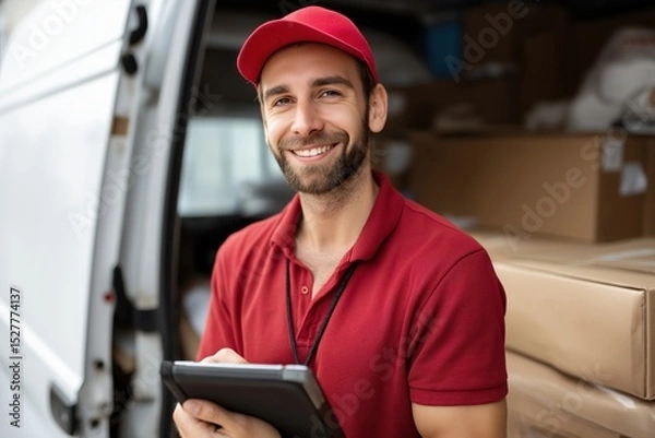 Fototapeta Happy Delivery Driver Using Tablet Near Van Full of Packages Smiling at Camera
