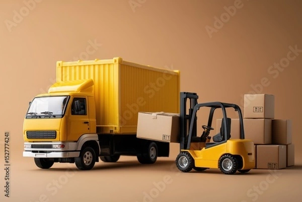 Fototapeta Yellow Truck and Forklift Loading Cardboard Boxes Efficient Logistics and Cargo Delivery Service
