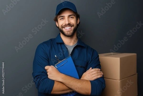 Fototapeta Happy Delivery Man Holding Clipboard Near Cardboard Boxes Smiling Confidently Service Logistics Worker