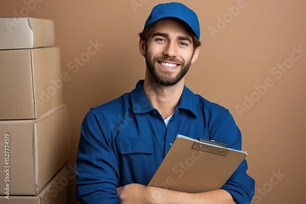 Fototapeta Happy Delivery Man Holding Clipboard Near Cardboard Boxes Smiling at Camera