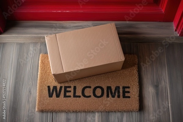 Fototapeta Cardboard Package Delivery on Welcome Mat at Front Door Home Entrance