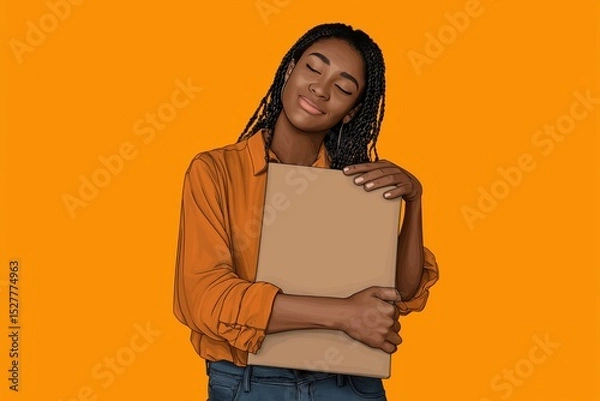 Fototapeta Elated Recipient Hugging Her Online Delivery Package