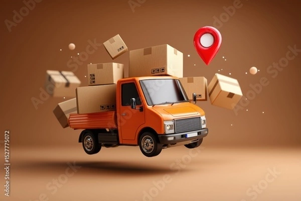 Fototapeta Orange Delivery Truck Loaded with Cardboard Boxes and a Location Pin Showing Fast Shipping and Delivery Services