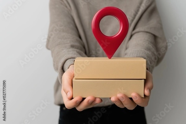 Fototapeta Person holding two cardboard boxes with a red location pin on top representing delivery service or online order tracking.