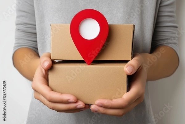 Fototapeta Secure Package Delivery Tracking Location GPS Hands Holding Cardboard Boxes