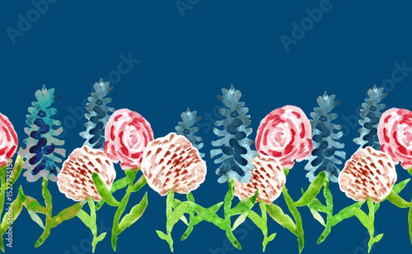 Fototapeta Watercolor seamless floral border with wildflowers in baby naive style isolated on blue background. Naive children style for printing, cover, reusable package, wrapping paper. 