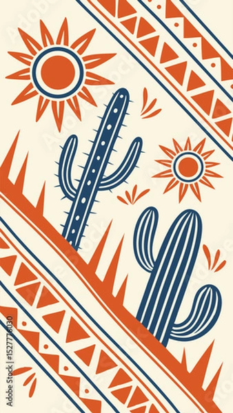 Obraz Vector Traditional Mexican pattern cacti, suns and stripes in orange and blue colors. Handmade ceramic style Tialave