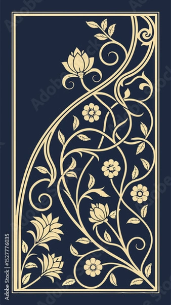 Obraz  Islamic vector pattern with intertwining lines and floral motifs (arabesque). Gold on dark blue, hand-carved wood detailing