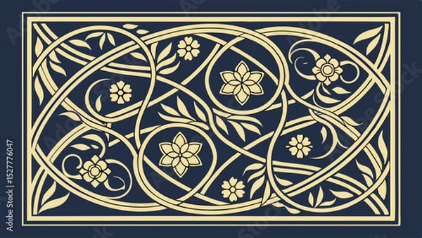 Obraz  Islamic vector pattern with intertwining lines and floral motifs (arabesque). Gold on dark blue, hand-carved wood detailing