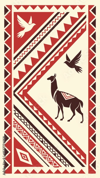 Obraz Vector Andean geometric print stepped lines, birds and alpaca in red, white and black. Traditional weaving style