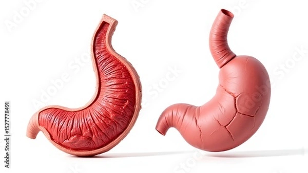 Fototapeta Anatomical model of a human stomach showing two states: a healthy internal cross-section and a damaged, cracked exterior, representing disease or disorder, isolated on a white backg