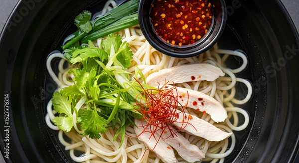Fototapeta Bowl of savory noodles topped with tender chicken, fresh herbs, and thin chili threads served with a side of spicy red chili sauce in a black bowl.