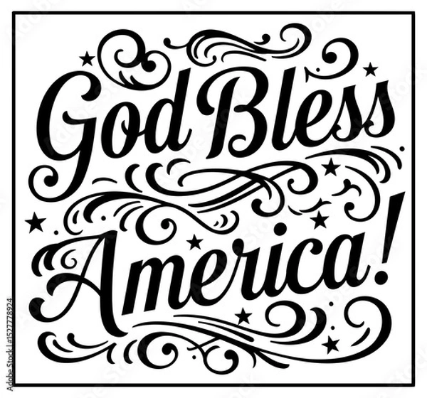 Fototapeta God Bless America decorative graphic design. Ornate typography with patriotic message in a square format. Patriotic design for home decor use.