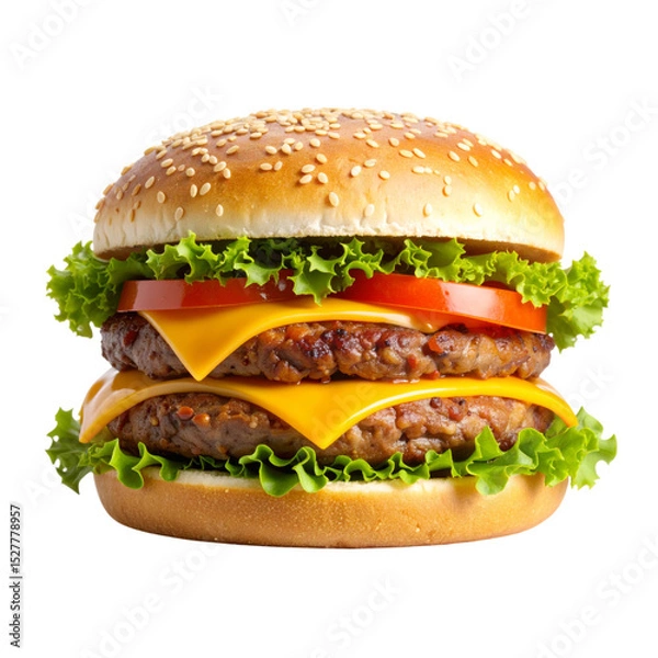 Obraz A double cheeseburger featuring two beef patties, melted cheddar cheese, fresh lettuce, tomato slices, and a sesame seed bun.