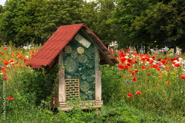 Obraz Domek dla owadów na kwietnej łące