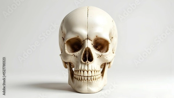 Fototapeta A highly detailed, realistic anatomical model of a human skull presented in a direct frontal view, isolated on a clean white background for medical, scientific, or educa