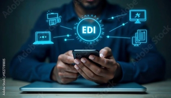 Fototapeta Person using smartphone with glowing E D I data network icons laptop dark background mobile